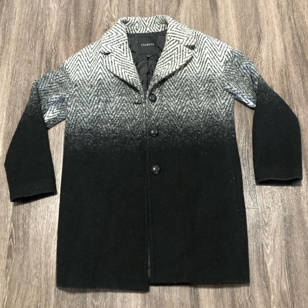 TALBOTS Women's 10 Ombre Black/White Wool Blend Herringbone Coat Quilted Liner